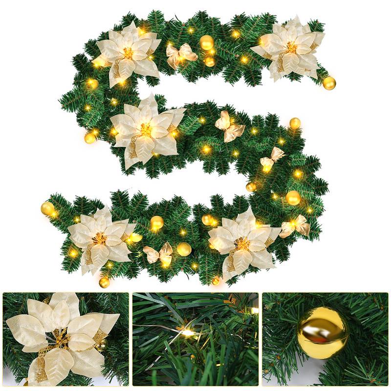 2.7M Weihnachtsgirlande Tannengirland Weihnachtdekoration mit roten Blumen Weihnachtsdeko-LED Lampen schöne Feiertag-Dekoration für Treppen, Wand,