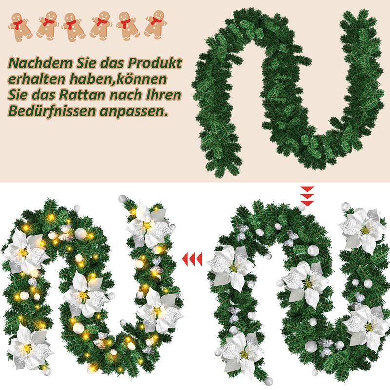 270cm Weihnachtsgirlande mit 50 LED Lichterkette Girlande Tannengirlande Weihnachtsdeko, Silver