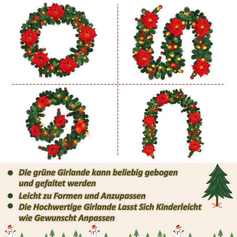 Weihnachtsgirlande Deko Weihnachten Girlande Tannengirlande Innen & Außen Weihnachtsdeko Kunstgirlande 2.7m 50 LEDs mit Rot dekorativen