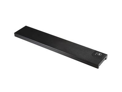 Eine schwarze Soundbar mit Bedienungstasten an einem Ende, entwickelt zur Verbesserung des Audioerlebnisses von Fernsehern oder anderen Mediengeräten.