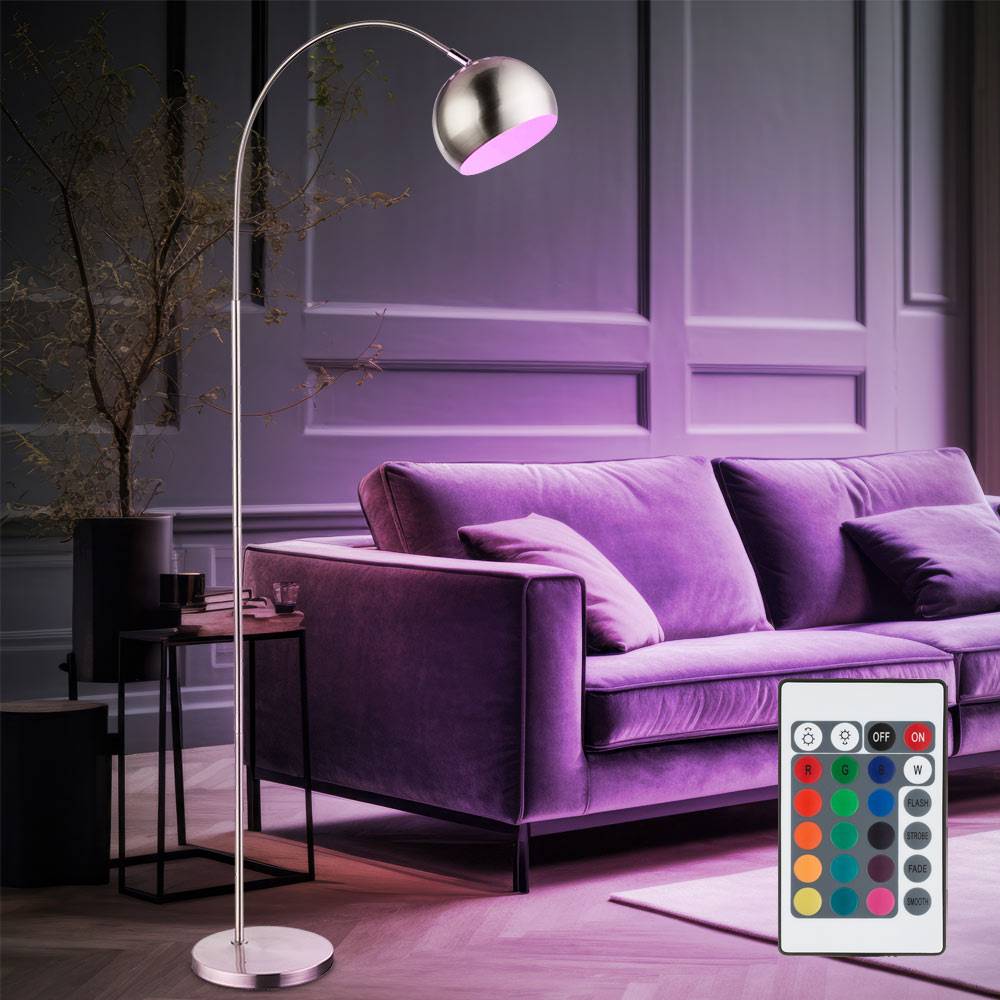 Stehleuchte Kugel Bogenleuchte chrom Wohnzimmerleuchte stehend, Schirm beweglich, Fernbedienung dimmbar, 1x RGB LED 8,5W 806Lm warmweiß, HxLxB