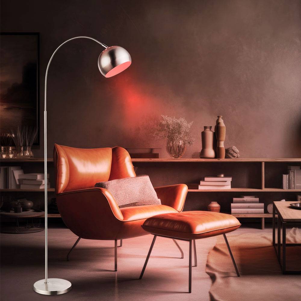 Stehleuchte Kugel Bogenleuchte chrom Wohnzimmerleuchte stehend, Schirm beweglich, Fernbedienung dimmbar, 1x RGB LED 8,5W 806Lm warmweiß, HxLxB