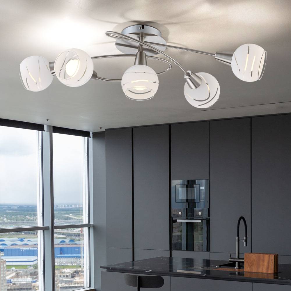 Deckenlampe Wohnzimmerleuchte Esszimmerlampe Deckenleuchte Küchenlampe, Metall Glas nickel-matt opal, 5 Flammig E14, LED 4,5W 470Lm 3000K warmweiß