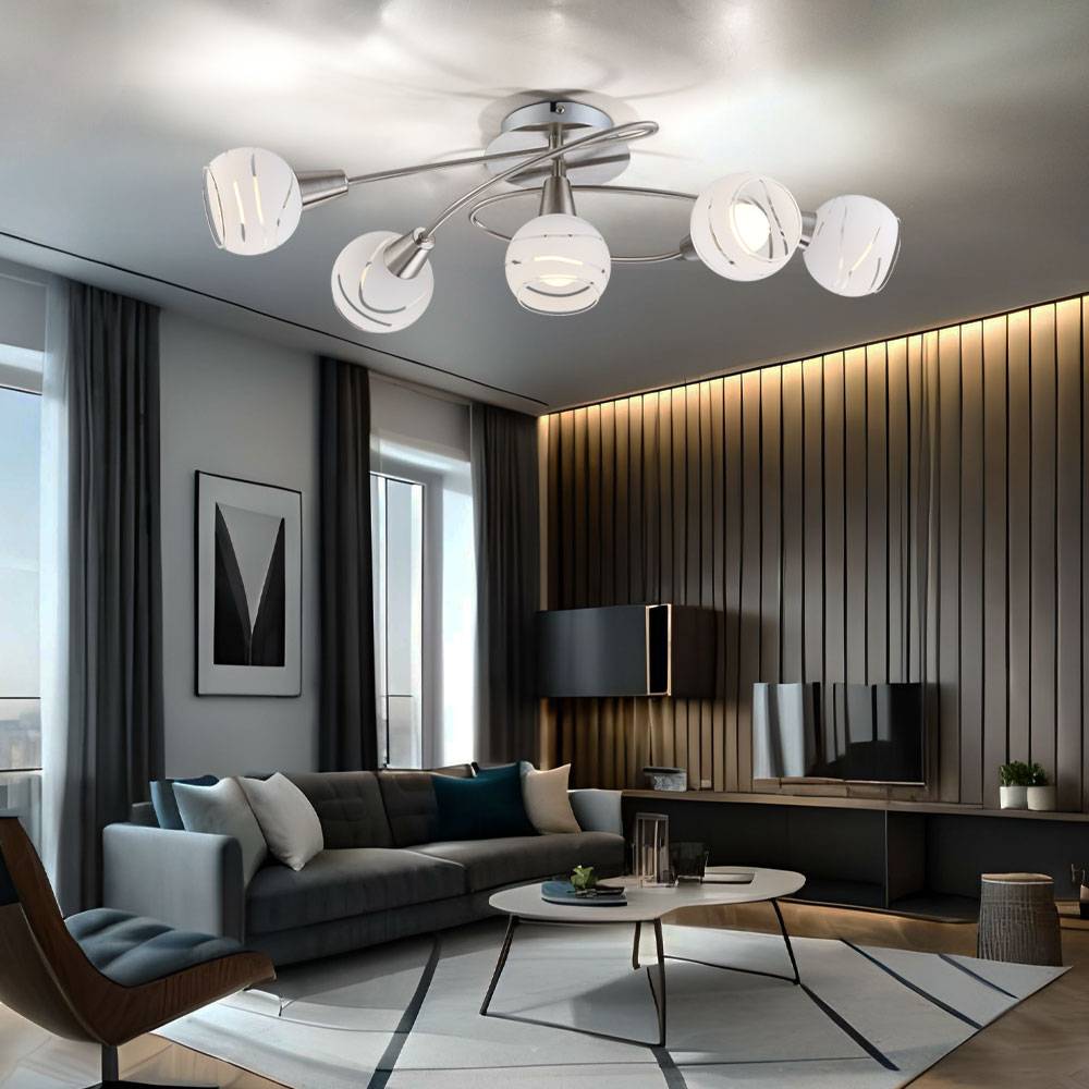 Deckenlampe Wohnzimmerleuchte Esszimmerlampe Deckenleuchte Küchenlampe, Metall Glas nickel-matt opal, 5 Flammig E14, LED 4,5W 470Lm 3000K warmweiß