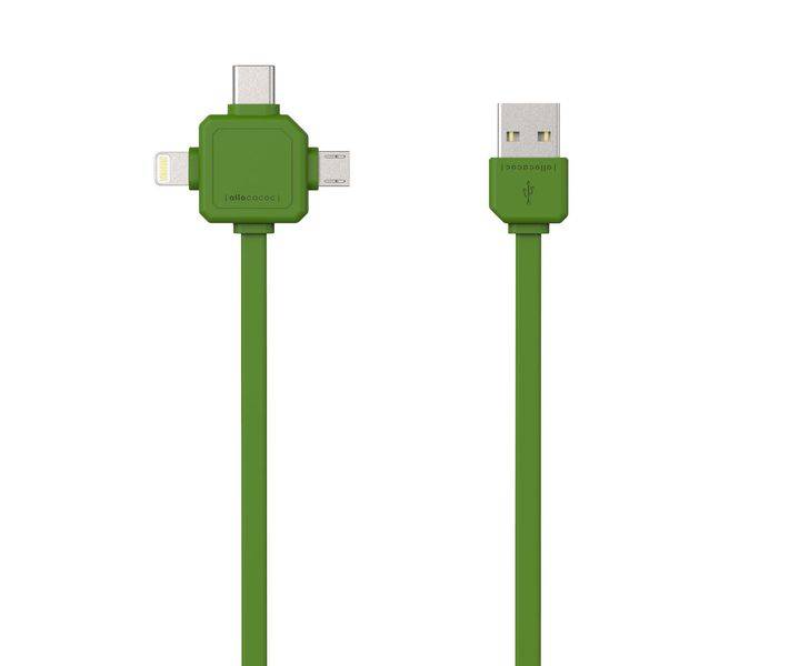 allocacoc 9003GN/USBC15, USB Ladekabel mit USB-C, Light ning und Micro-USB Anschlüssen, Grün
