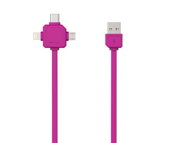 allocacoc 9003PK/USBC15, USB Ladekabel mit USB-C, Light ning und Micro-USB Anschlüssen, Pink