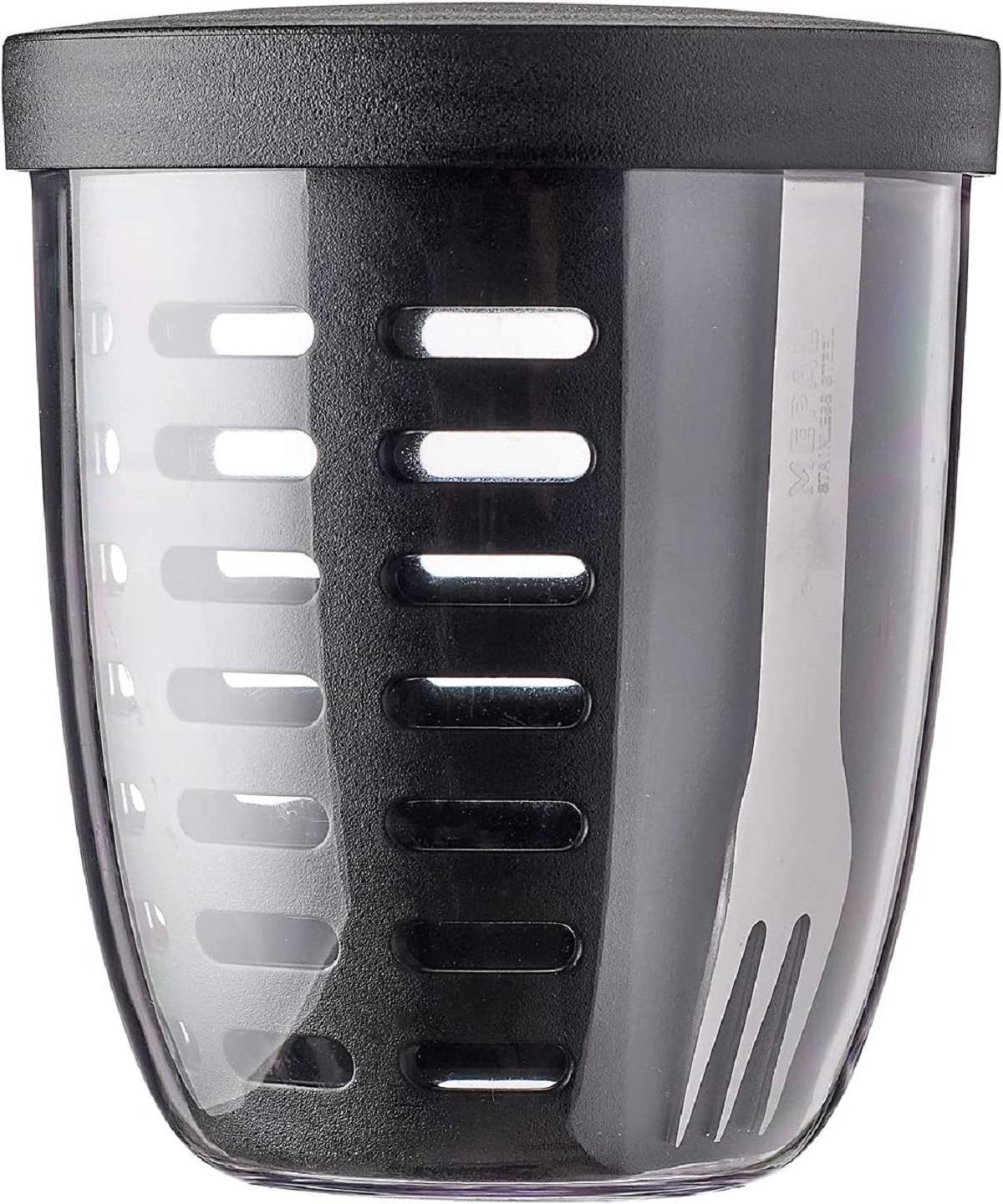 Mepal Fruitpot Ellipse Nordic Black – 600 ml Inhalt – ideal für Früchte, Obst und Gemüse unterwegs-mit Abtropfsieb und Gabel – spülmaschinen