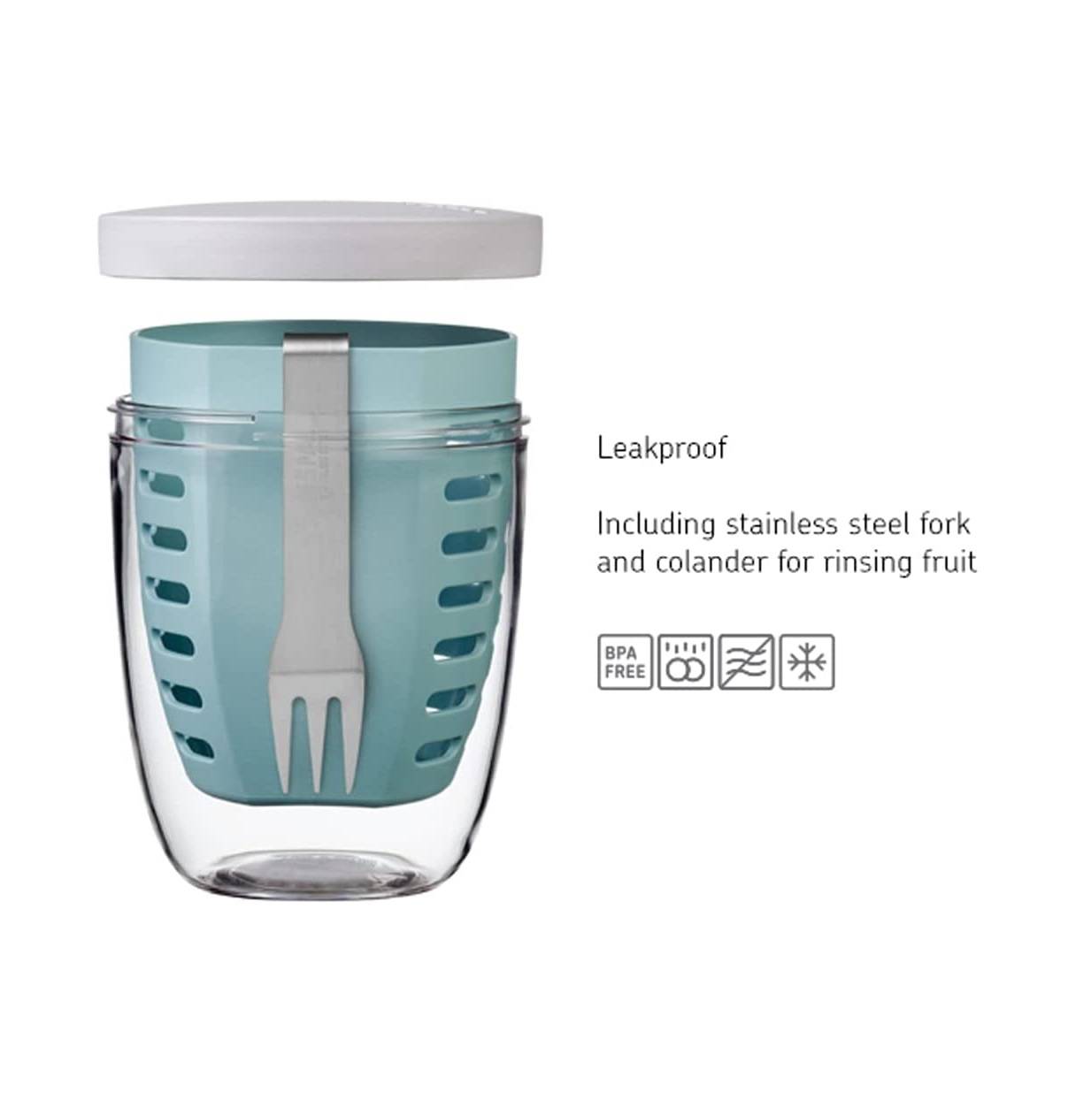 Mepal Fruitpot Ellipse Nordic Sage – 600 ml Inhalt – ideal für Früchte, Obst und Gemüse unterwegs-mit Abtropfsieb und Gabel – spülmaschinenf