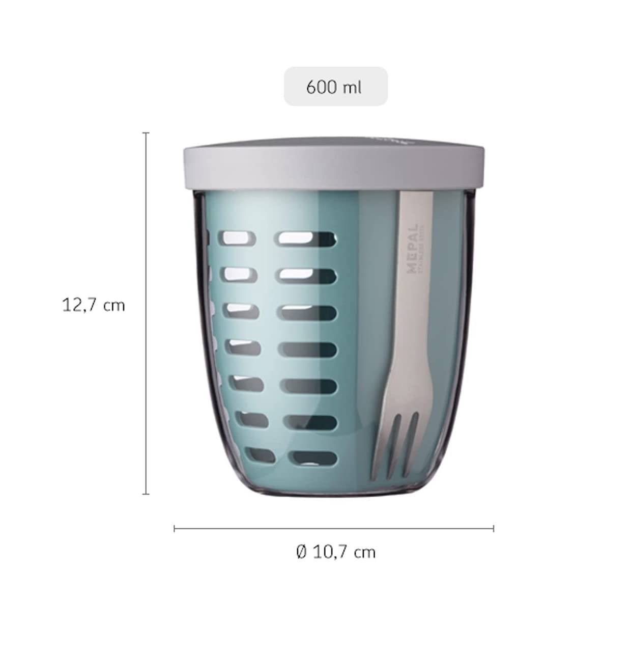 Mepal Fruitpot Ellipse Nordic Sage – 600 ml Inhalt – ideal für Früchte, Obst und Gemüse unterwegs-mit Abtropfsieb und Gabel – spülmaschinenf