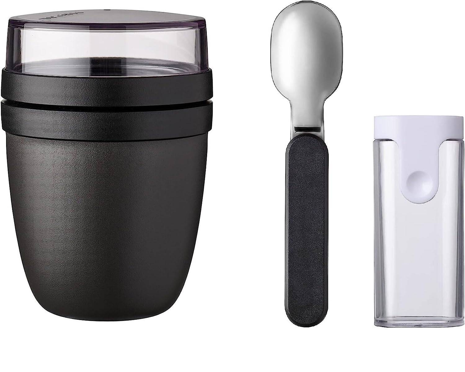 Mepal | Lunchpot Ellipse | faltbarer Löffel | Nordic Black | praktischer Müslibecher | ideal für Lebensmitteltransport