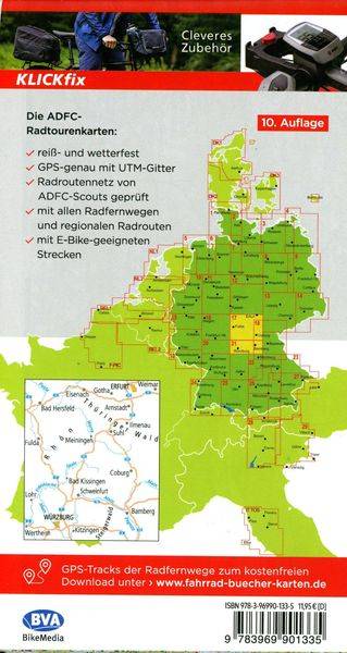 ADFC-Radtourenkarte 17 Thüringer Wald Rhön 1:150.000, mit Kilometer-Angaben, rei