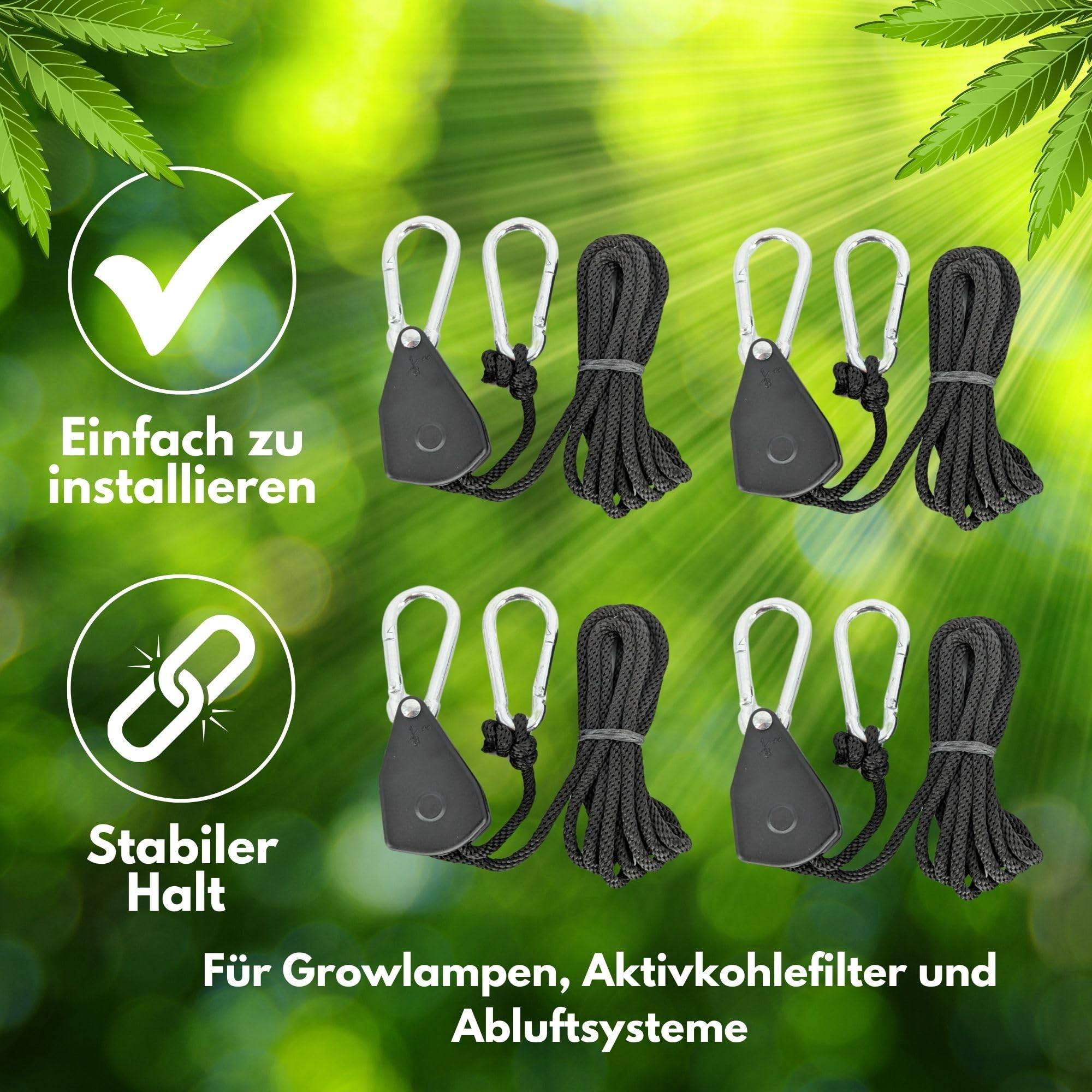 4 Stück Grow Aufhängung für Growbox Komplettset Lampe Aktivkohlefilter Seil Ratsche Aufhängen Zubehör