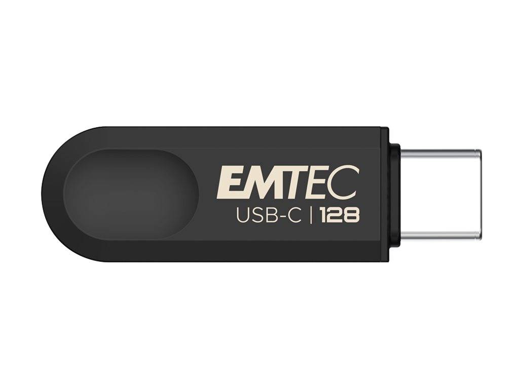 EMTEC USB-C Speicherstick, 128 GB, schwarzes Gehäuse, mit sichtbarem Logo und Kapazitätsangabe auf der Seite und sichtbarem USB-C-Anschluss.