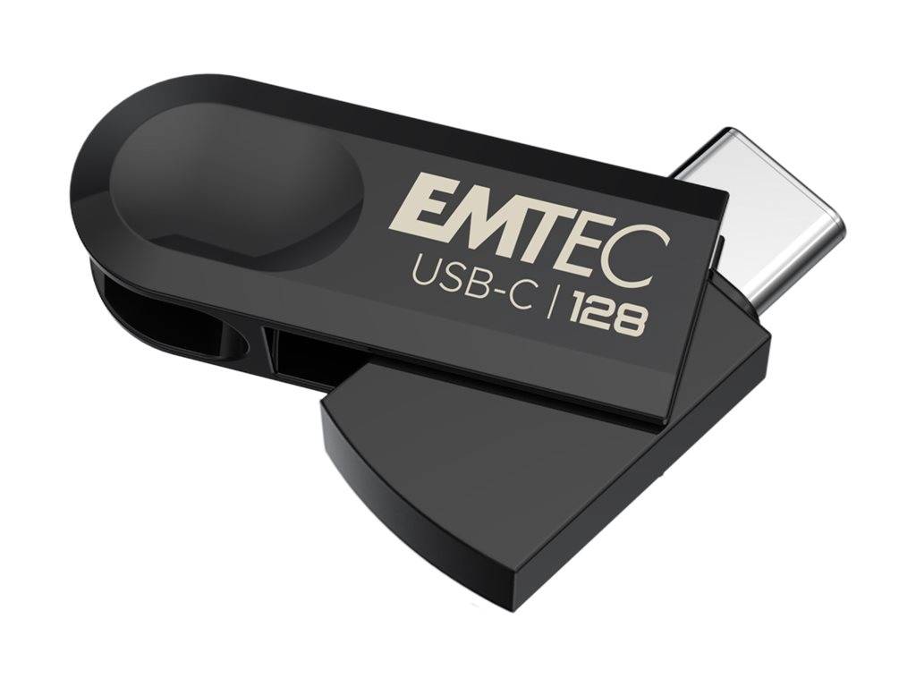 EMTEC USB-C 128GB Speicherstick mit schlankem schwarzem Design.