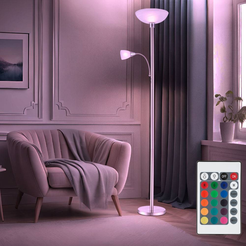 Stehlampe Deckenfluter Wohnzimmerlampe Schlafzimmerleuchte Stehleuchte, Metall Glas nickel Chrom, RGB LED dimmbar Fernbedienung, 1x E24 1x E27