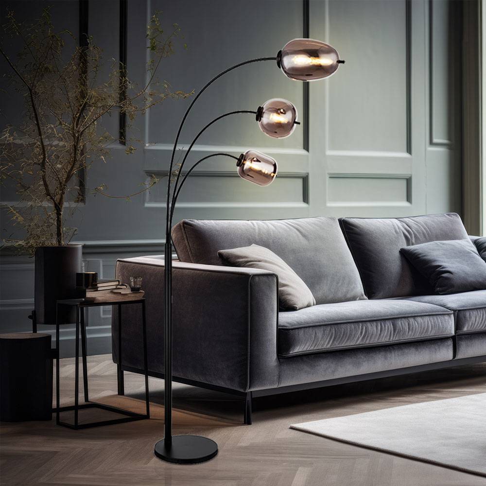 Stehlampe Stehleuchte Wohnzimmer Kugel rauchfarben Stehlampe schwarz Metall Glas, Fußschalter, 3x E14 Fassungen, LxBxH 80x60x175 cm