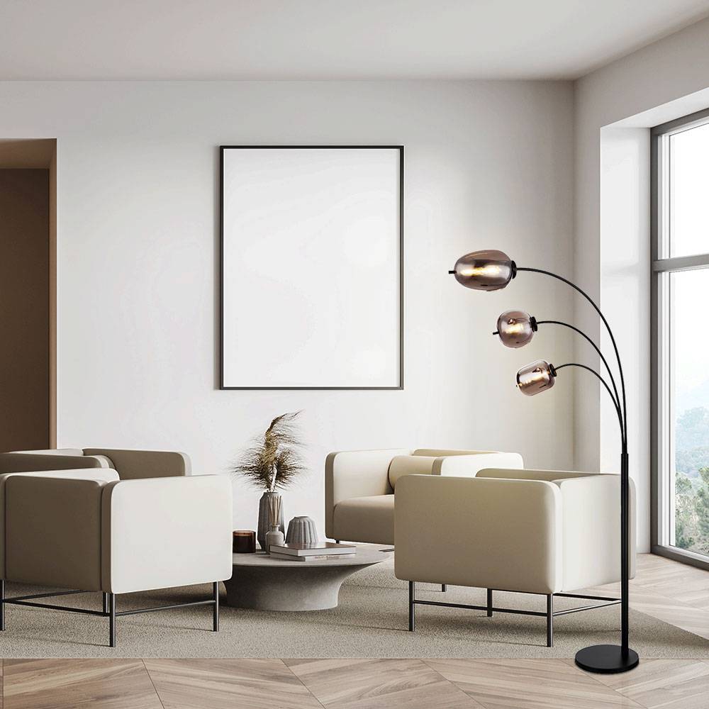 Stehlampe Stehleuchte Wohnzimmer Kugel rauchfarben Stehlampe schwarz Metall Glas, Fußschalter, 3x E14 Fassungen, LxBxH 80x60x175 cm