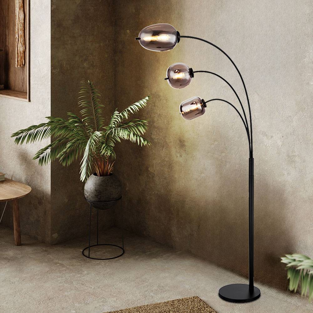 Stehlampe Stehleuchte Wohnzimmer Kugel rauchfarben Stehlampe schwarz Metall Glas, Fußschalter, 3x E14 Fassungen, LxBxH 80x60x175 cm
