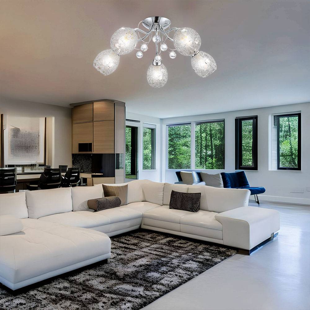 LED Deckenleuchte Chrom Kristallleuchte Spotleuchte Deckenlampe Kristalle 5 Flammig, Chromgeflecht, 5x 8W 600lm warmweiß, DxH 54x22 cm