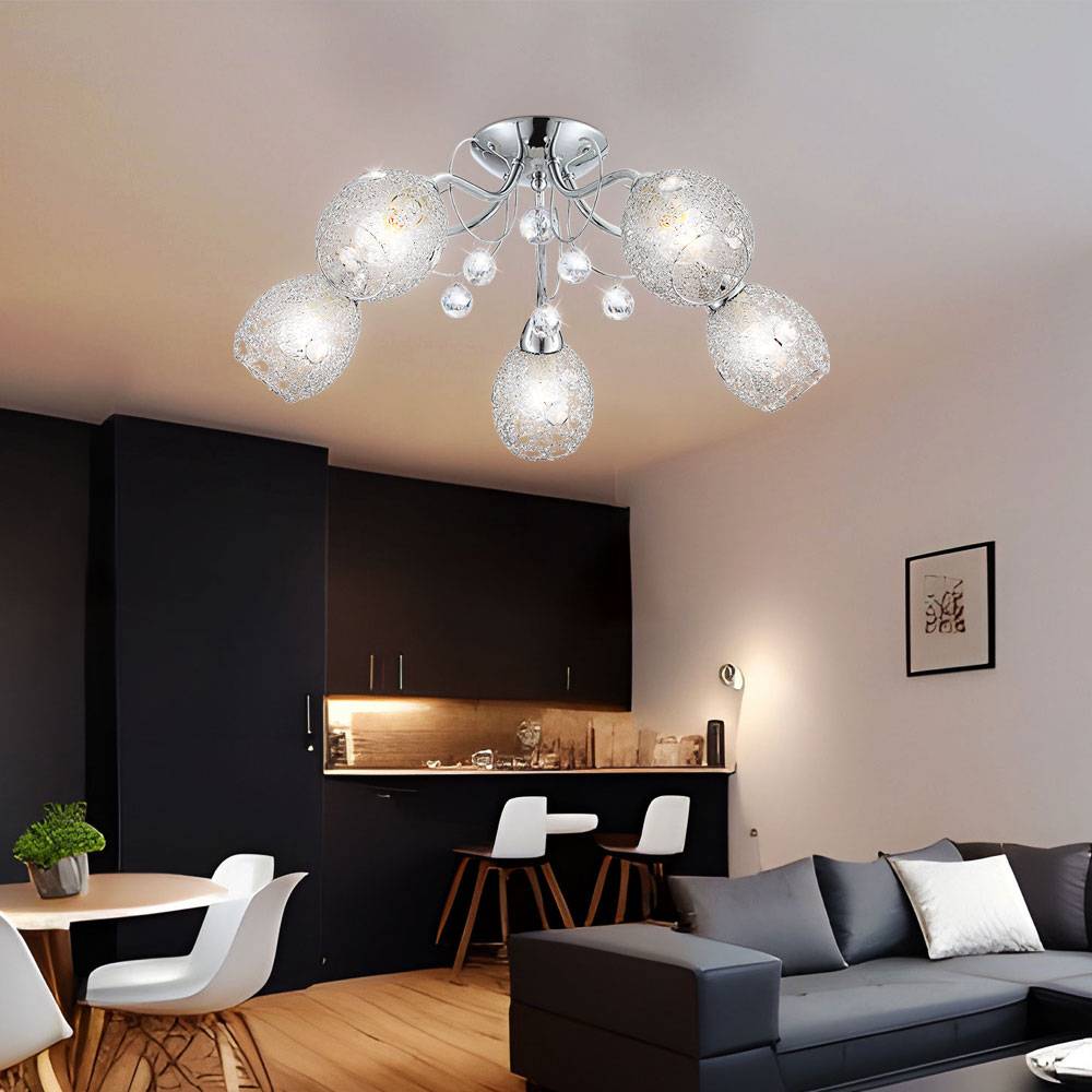 LED Deckenleuchte Chrom Kristallleuchte Spotleuchte Deckenlampe Kristalle 5 Flammig, Chromgeflecht, 5x 8W 600lm warmweiß, DxH 54x22 cm