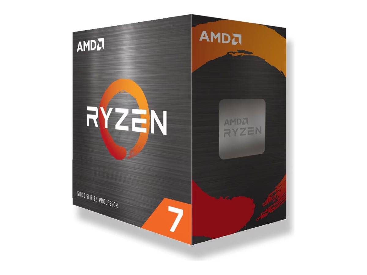 AMD Ryzen 7 5000 Serie Prozessor Einzelhandelsverpackung in schwarzer und orangefarbener Verpackung.