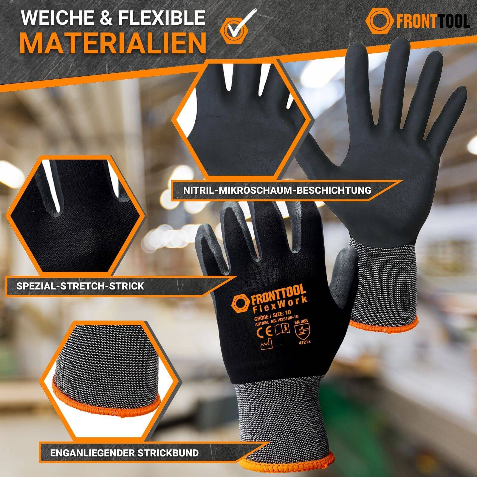 FRONTTOOL Arbeitshandschuhe FlexWork 6 Paar - Größe:9