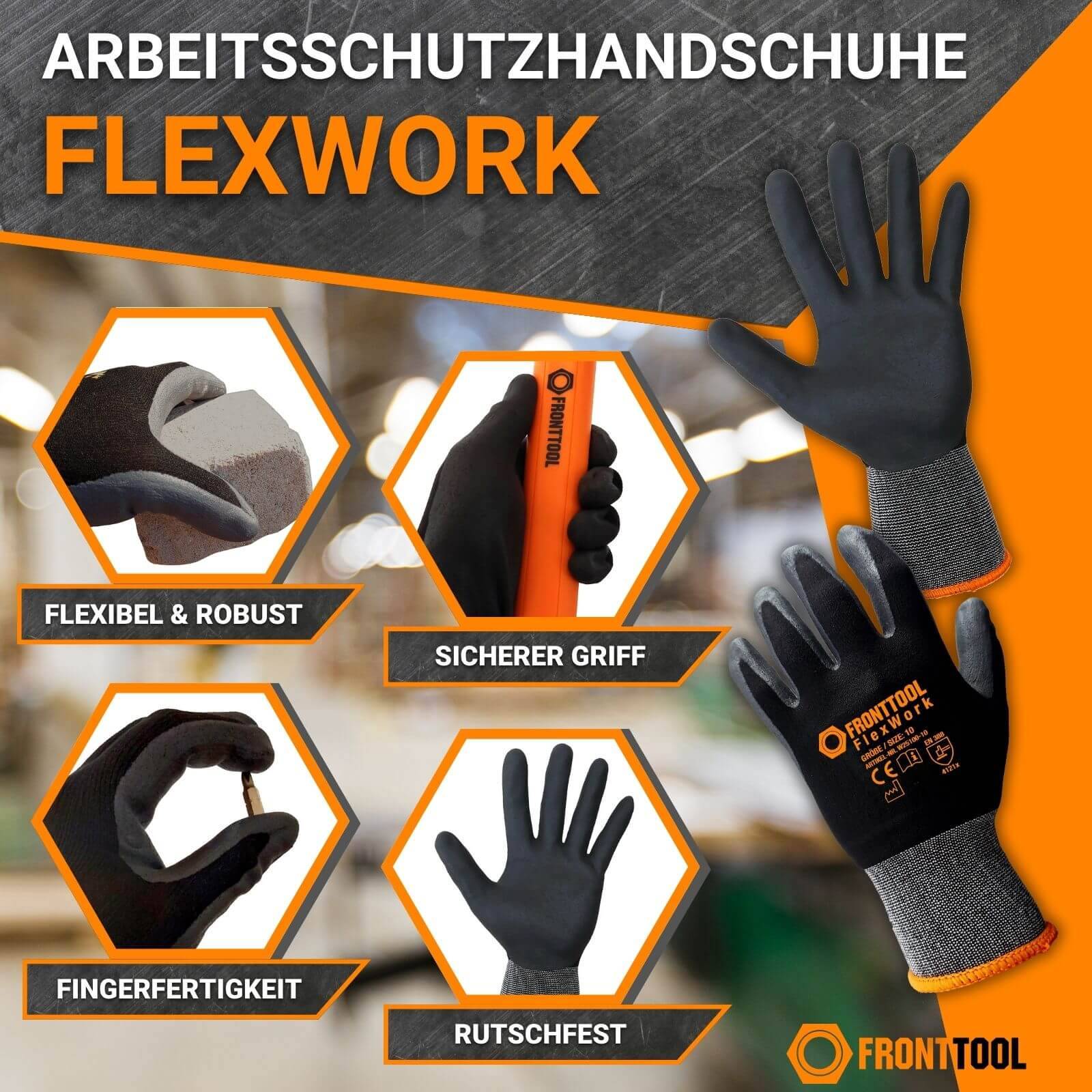 FRONTTOOL Arbeitshandschuhe FlexWork 6 Paar - Größe:9