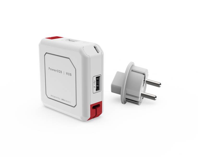 allocacoc PowerUSB Hub mit 4x USB, 230V Schuko + DE TravelPlug