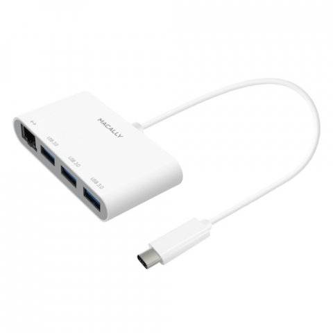 Macally UCHUB3GB, USB-C Hub mit 3 USB-A Ports + 1x Gigabit Ethernet, 10 cm Kabel, weiß