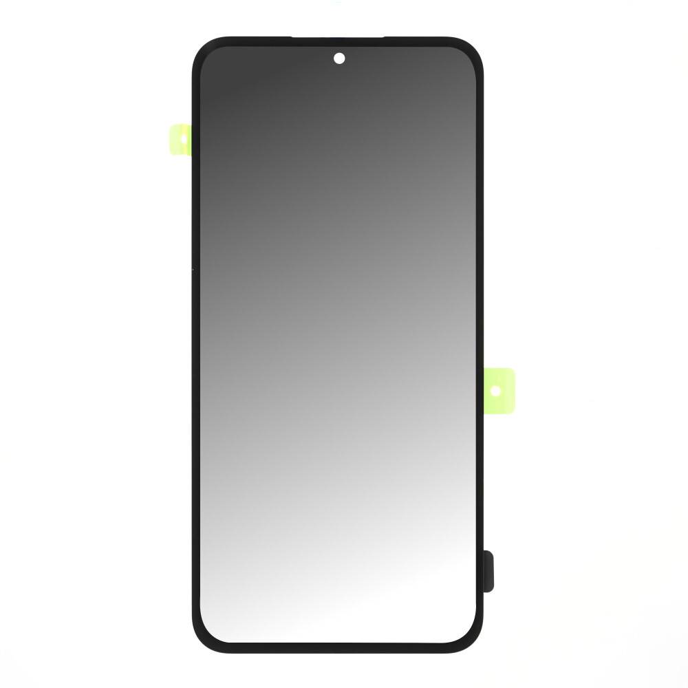 Schwarzes Smartphone in Vorderansicht mit leerem grauem Bildschirm und zentraler Loch-Kamera-Aussparung, dargestellt auf weißem Hintergrund.