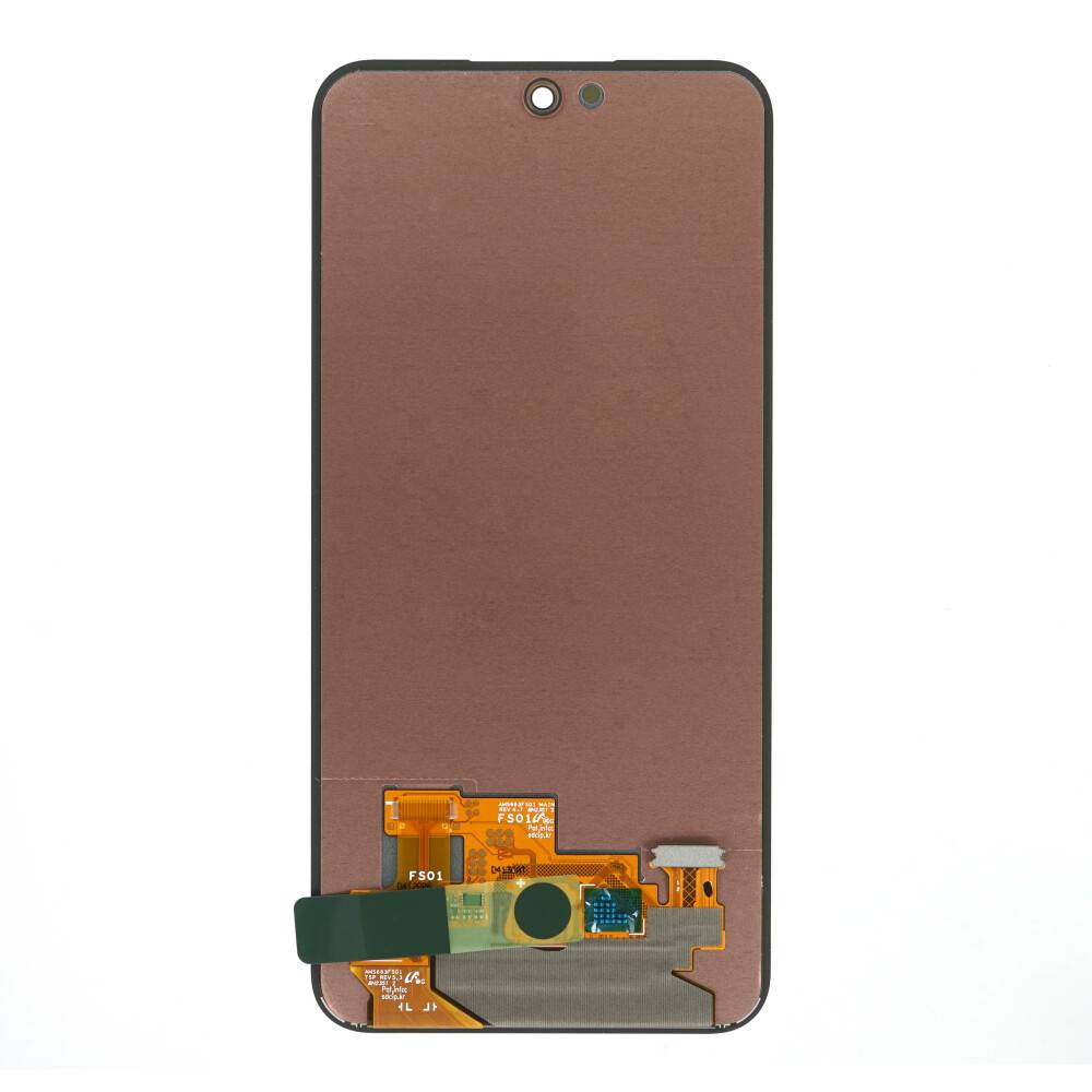 Austausch-Frontdisplay für Smartphone mit Kameraöffnung/Sensorausschnitt an der Oberseite und angebrachtem Flachbandkabel an der Unterseite.