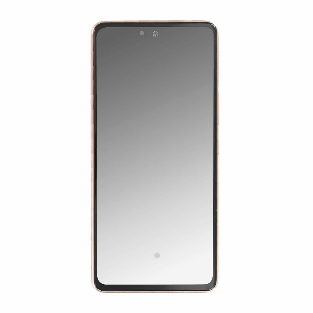 Vorderansicht eines Smartphones mit leerem Bildschirm auf weißem Hintergrund, das die Frontkamera und schmale Rahmen zeigt.