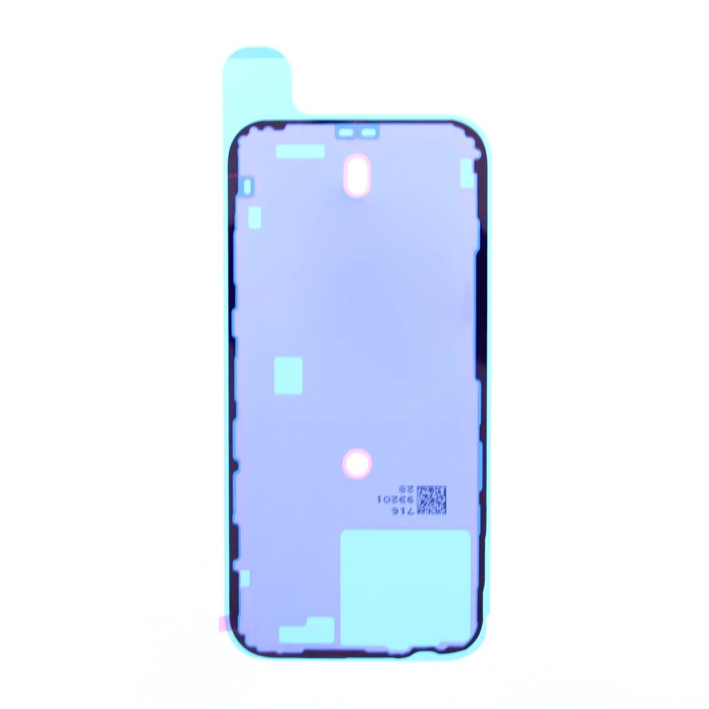 Ein Telefon-Display-Panel mit einer blauen Schutzfolie und Ausschnitten, frontal auf weißem Hintergrund gezeigt.