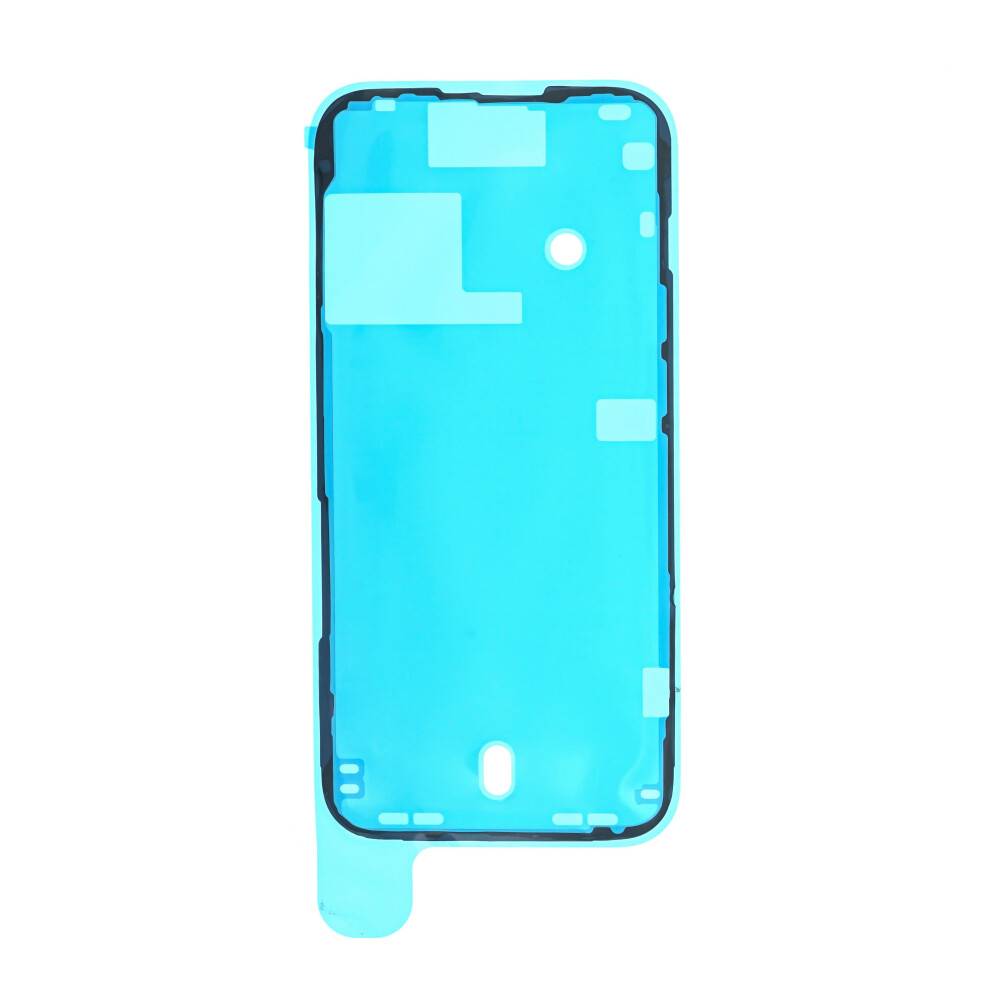 Ein helles blaues rechteckiges Klebeband, das zum Befestigen von Telefonkomponenten entwickelt wurde und Ausschnitte sowie Ausrichtungshilfen aufweist.