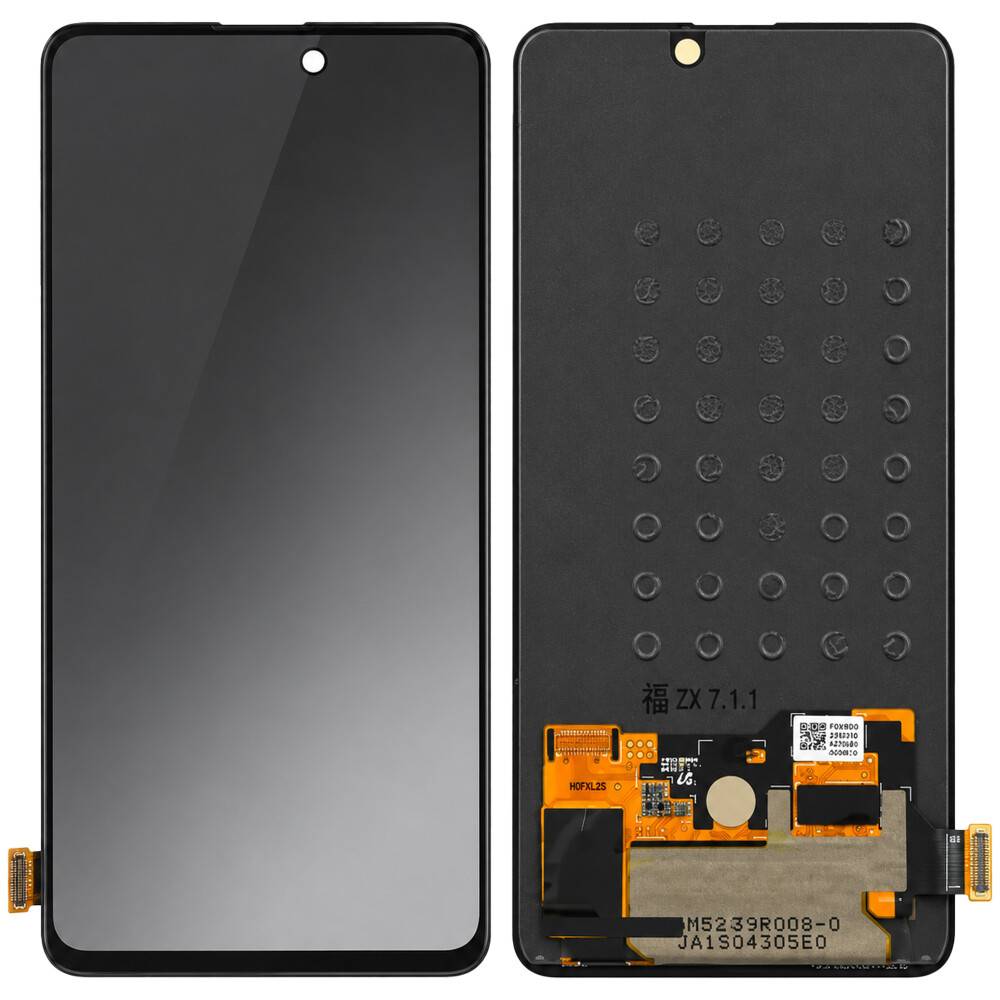 Vorder- und Rückansicht einer schwarzen Smartphone-Ersatzdisplay-baugruppe mit Kameraausschnitt und freiliegenden Flexkabelverbindungen.