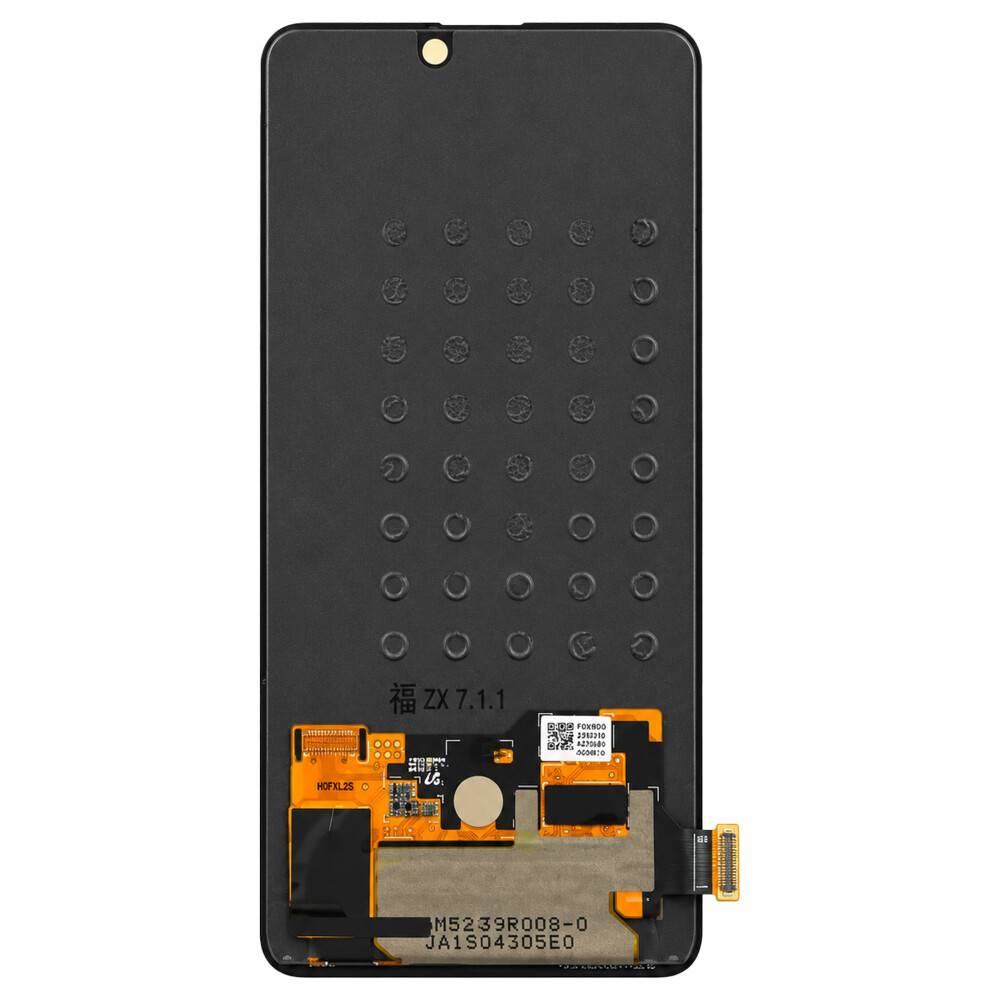 Schwarze Smartphone-Display-Baugruppe mit angebrachten Flexkabeln und Stecker, Vorderseite vor weißem Hintergrund gezeigt.