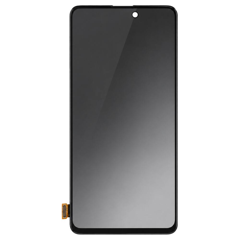 Ersatzbedienfeld für frontseitiges Smartphone-Display mit zentraler Loch-Stanzausschnitt für Kamera und seitlicher Anschlusslasche.