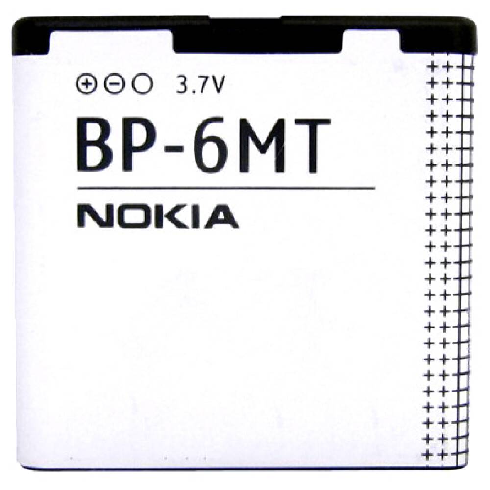 Ein Nokia BP-6MT-Akku mit einem 3,7-V-Etikett, das für spezifische Nokia-Mobiltelefone entwickelt wurde und seinen Typ und die Markenbezeichnung zeigt.