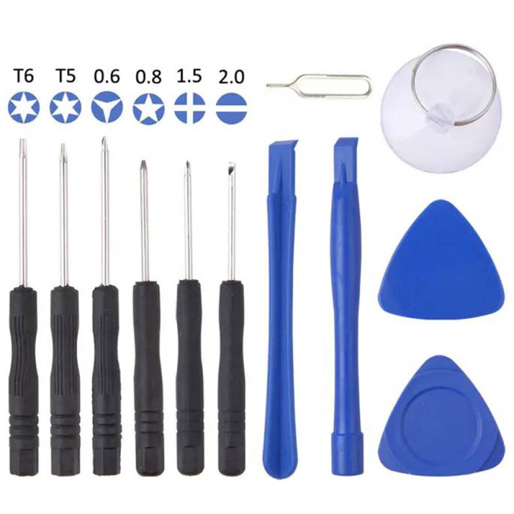 Ein Satz von neun Präzisions-Reparaturwerkzeugen einschließlich Schraubenzieher, Kunststoff-Öffnungswerkzeugen und Saugnapf, verwendet für die Elektronikreparatur.