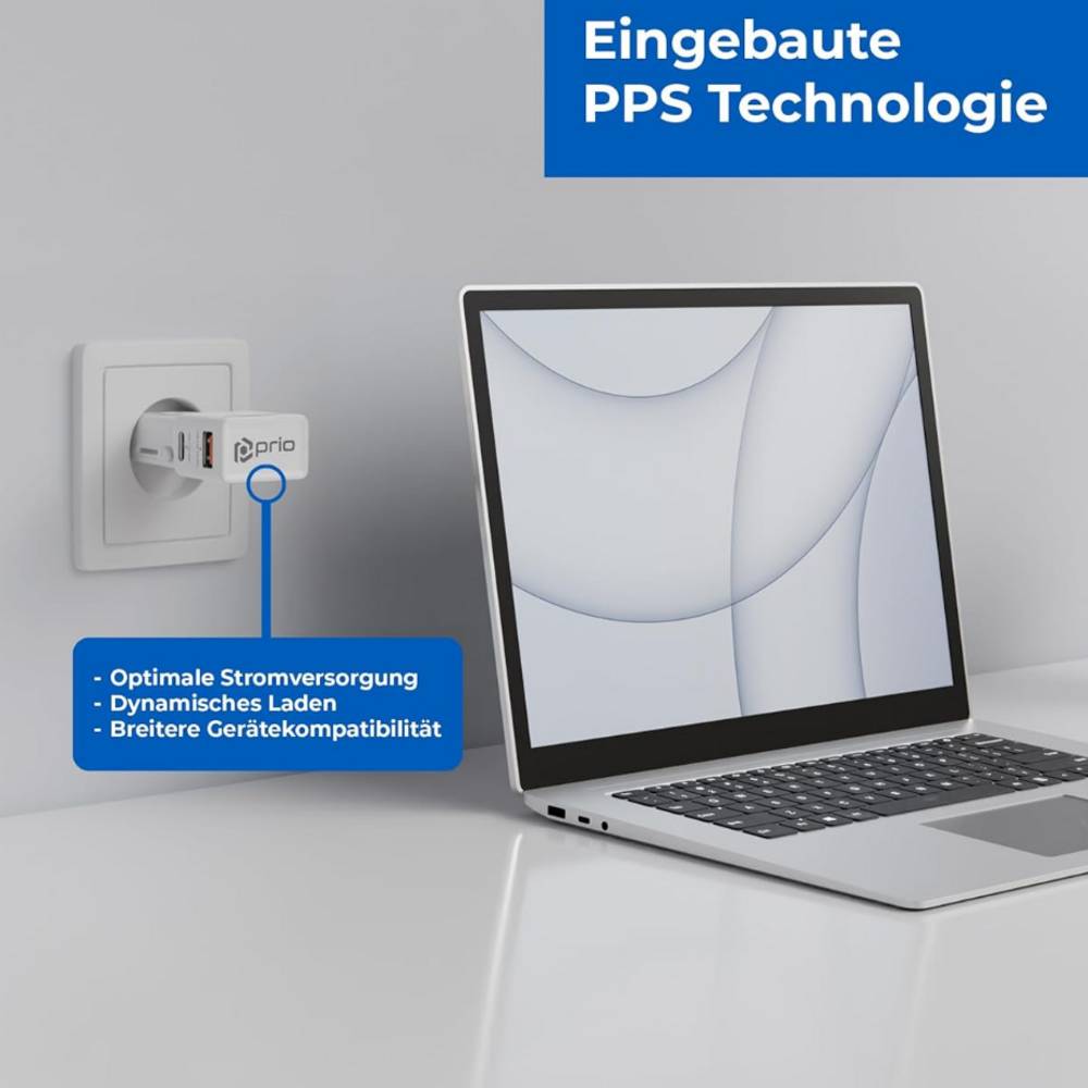 Laptop wird neben Steckdose mit USB-Adapter aufgeladen; Deutscher Text bewirbt integrierte PPS-Technologie, optimale Stromabgabe, dynamisches Laden und breitere Gerätekompatibilität.