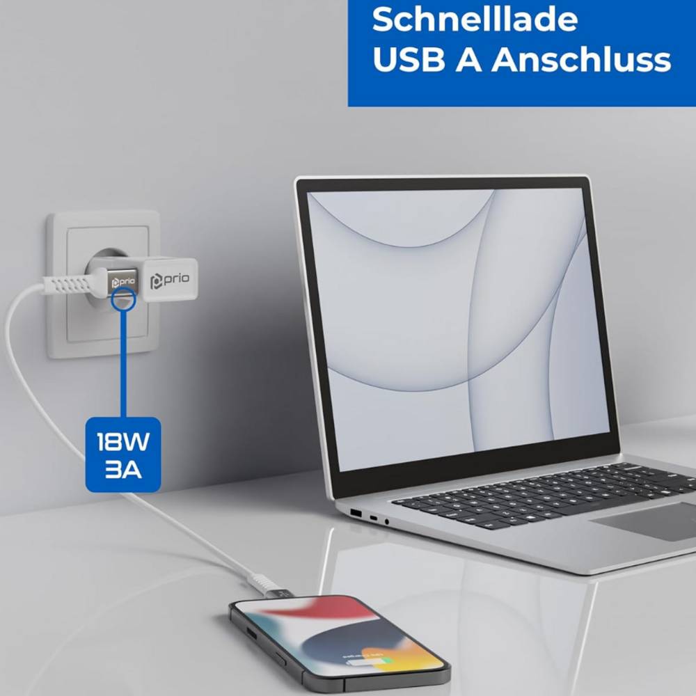 Laptop lädt ein Smartphone über eine Steckdose via USB-A-Adapter; Text lautet „Schnellade USB A Anschluss