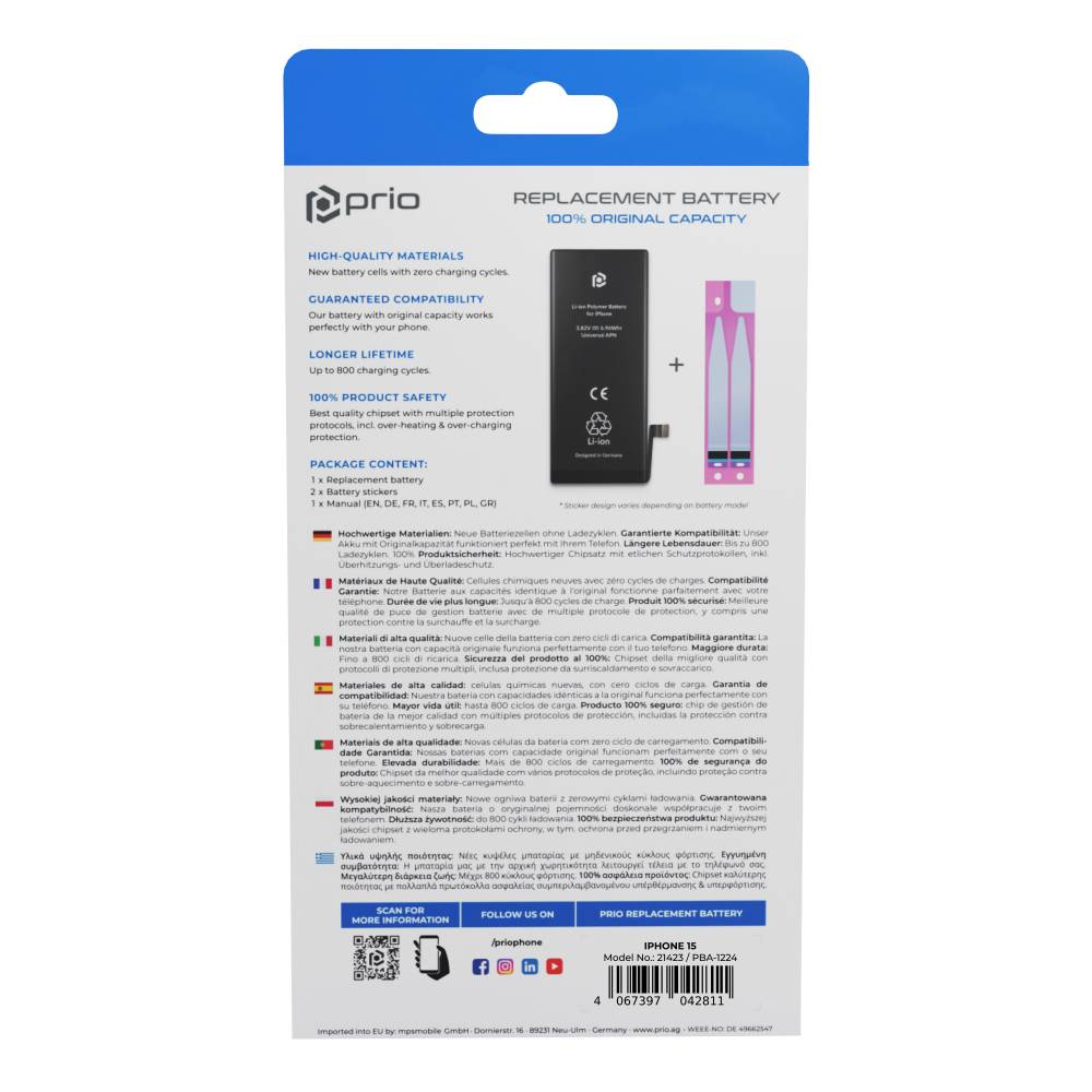 prio Akkuzelle für iPhone 15 (ohne Flex-Kabel)
