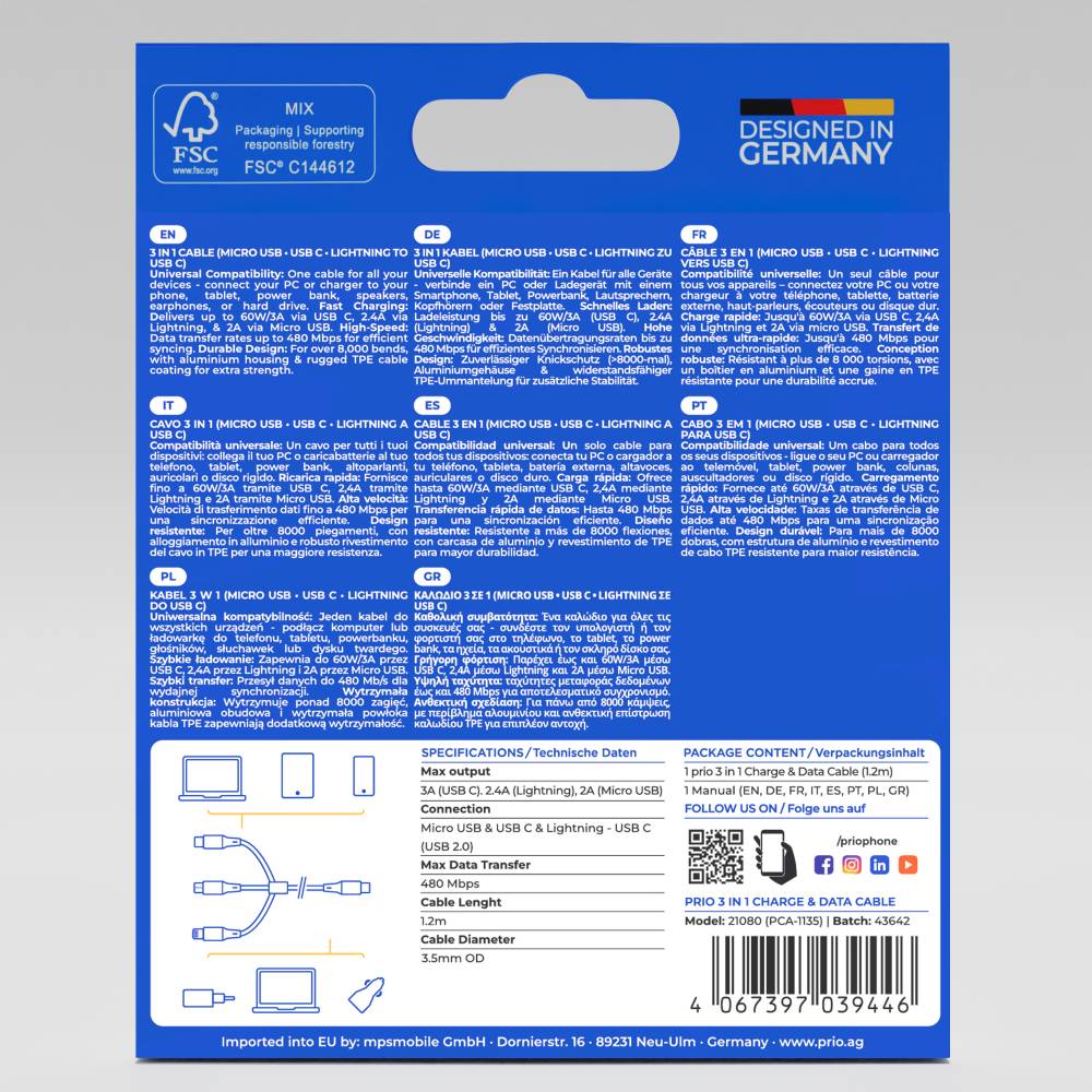 prio 3 in 1 Micro USB & USB C & Lightning auf USB C Kabel 3A 1,2m weiß
