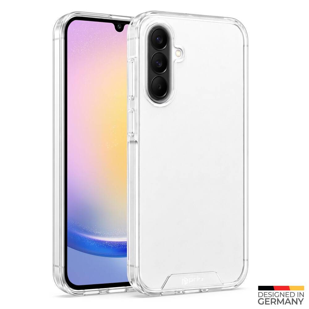 Klare Schutzhülle für Smartphones, die auf einem Telefon abgebildet ist, mit präzisem Kameraausschnitt; Text „DESIGNED IN GERMANY