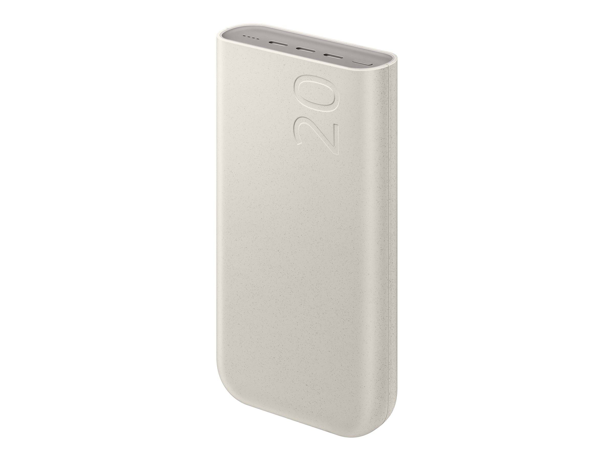 Beige tragbare Powerbank mit abgerundeten Kanten und geprägtem 