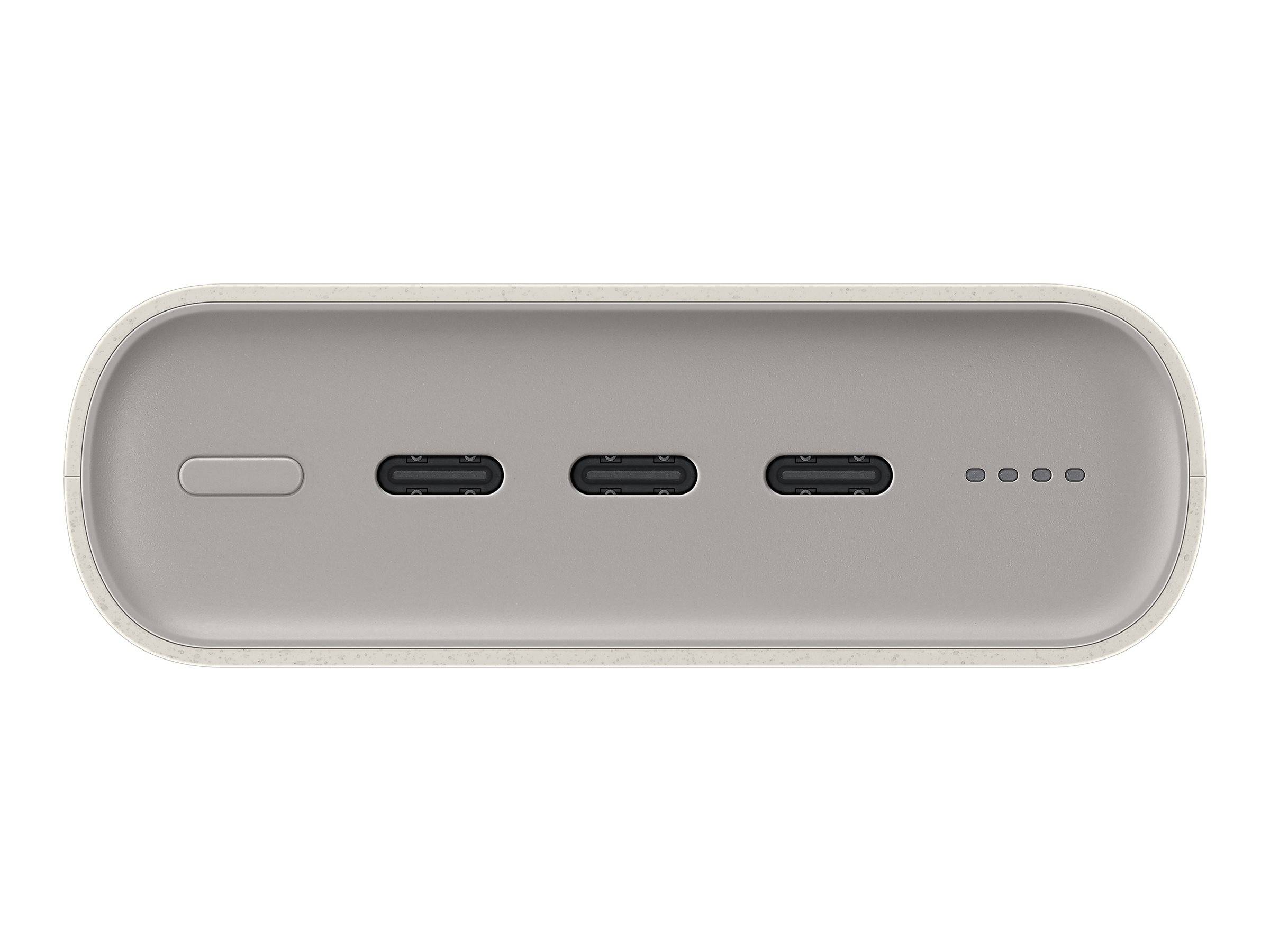 Nahaufnahme eines grauen ovalen Geräte-Bedienfeldes mit drei USB-C-Anschlüssen, einer kleinen Taste und vier Statusanzeigeleuchten.