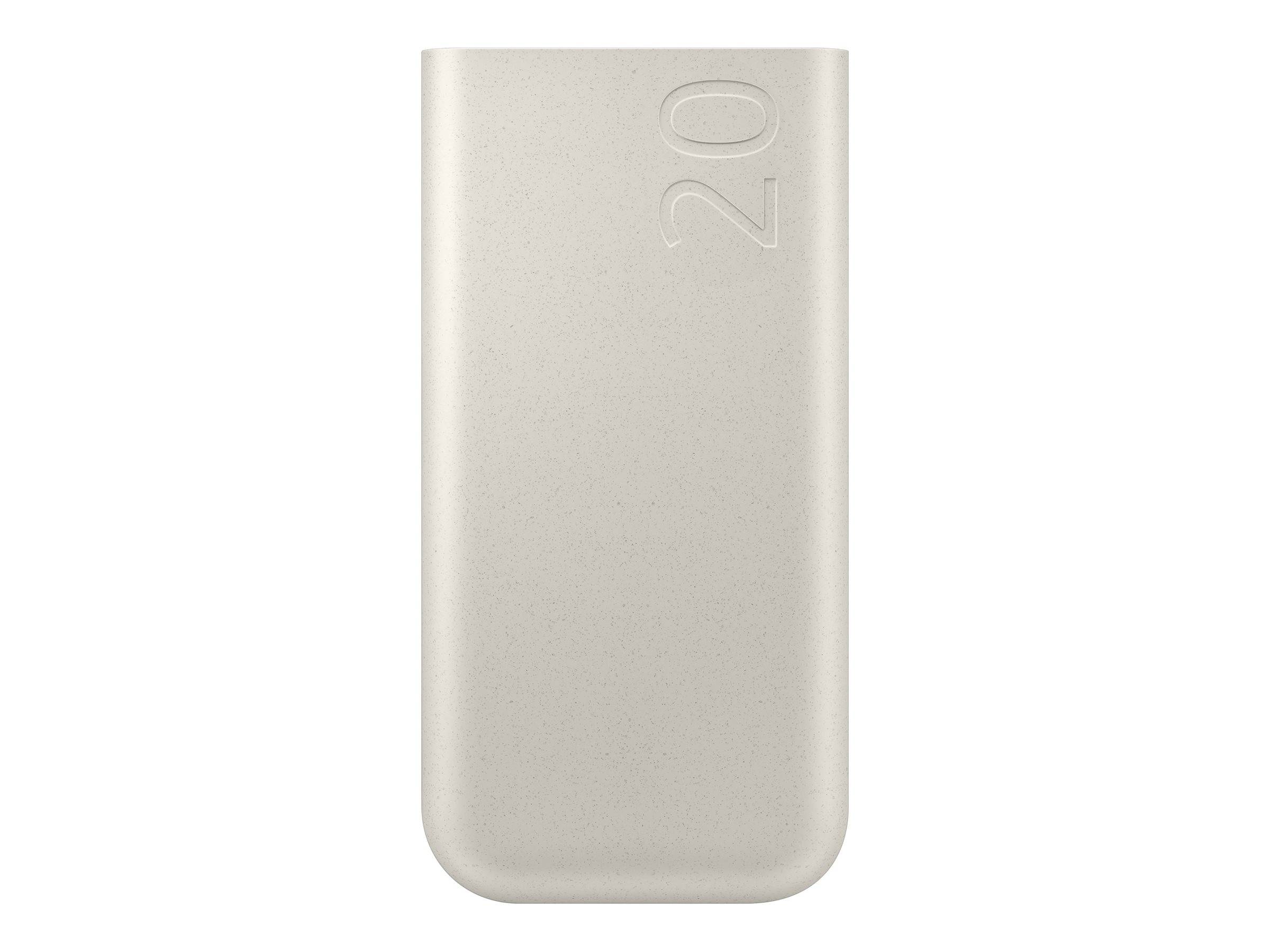 Eine schlanke beigefarbene rechteckige Powerbank mit abgerundeten Ecken und geprägter 