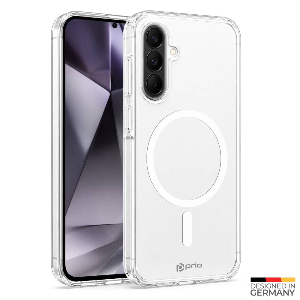 Transparente Schutzhülle für Smartphones mit integriertem kreisförmigen MagSafe-ähnlichen Ring und Branding „Designed in Germany