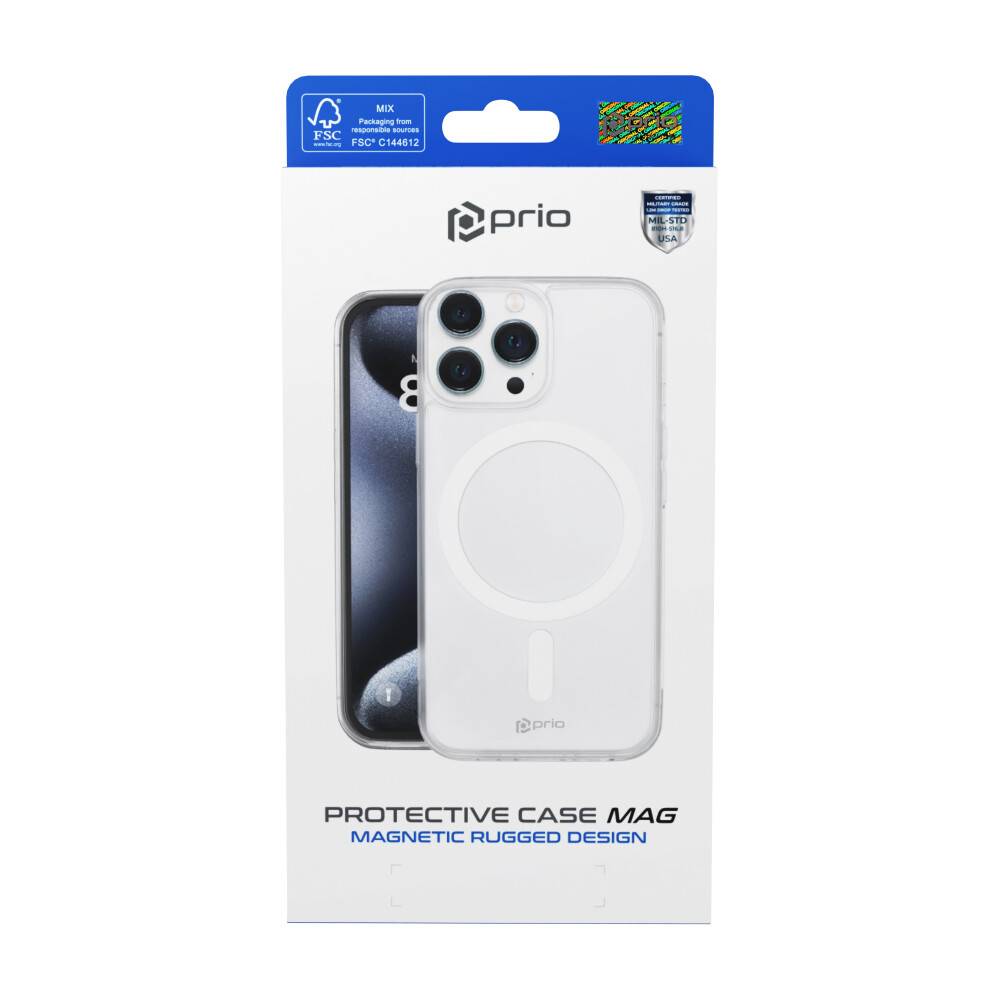 Verpackung für ein Prio 'Protective Case Mag' magnetisches robustes Handyhülle, das eine transparente iPhone-ähnliche Hülle mit MagSafe-Ring zeigt.