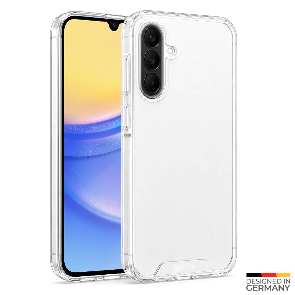 Klare Schutzhülle für Handys von vorne und hinten auf einem Smartphone dargestellt, mit dem Logo „Designed in Germany